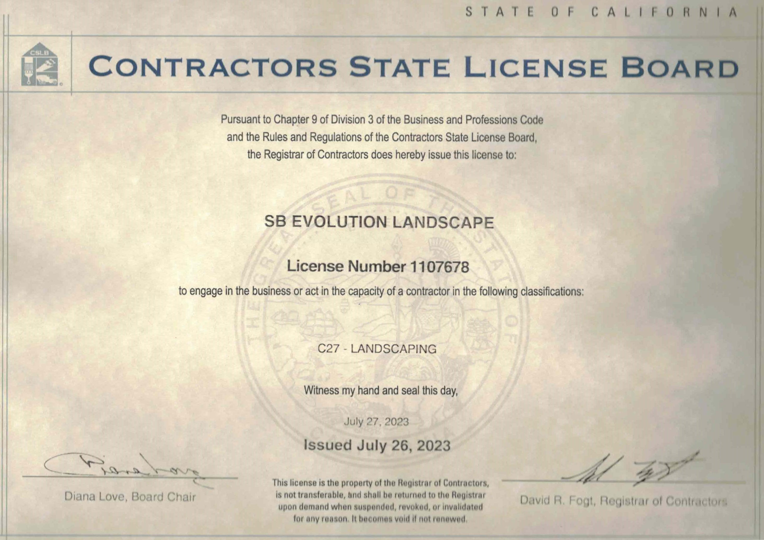 California Contractors State License C27 – Landscaping #1107678
